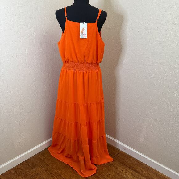 PrettyGarden Orange Maxi Dress XL Button Front Smocked Waist Tiered Flowy - Picture 2 of 6